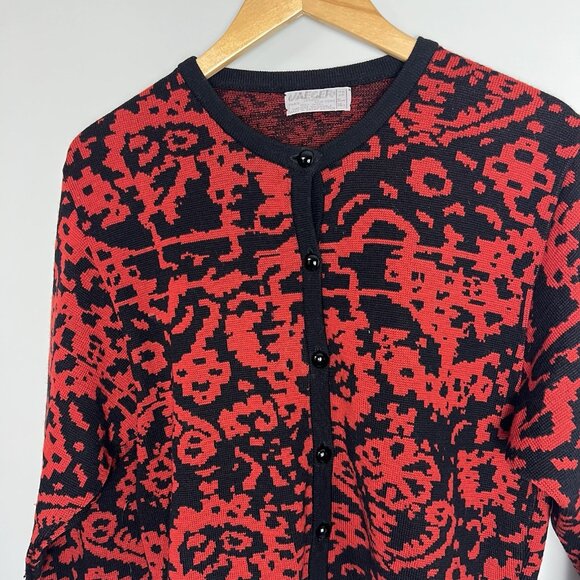 Vintage Jaeger Wool Cardigan sz M Black Red Festive 3/4 Sleeve Boxy Preppy 90s - Picture 2 of 7